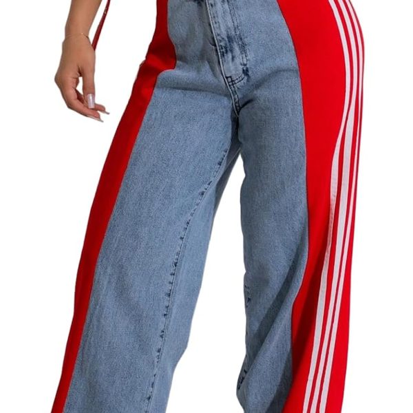Women’s Jeans with Patchwork Stripes High Waist Loose Color Block Jean Straight Wide Leg Pants