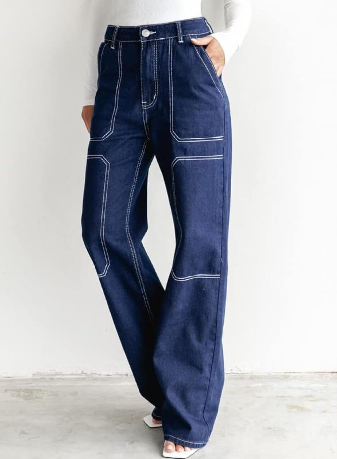 Women's Casual Mid Waist Cargo Jeans Stretch Wide Leg Denim Pants with Pockets - Image 2