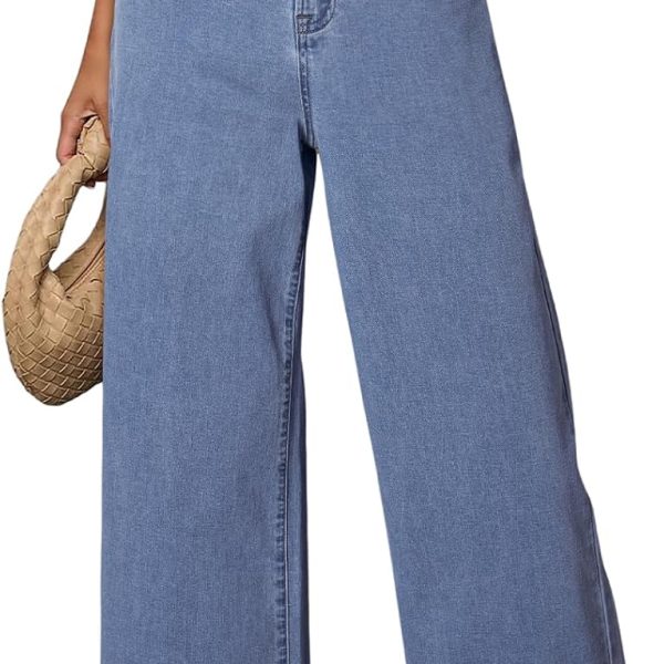 Women's Casual High Waisted Jeans Stretch Wide Leg Loose Pants with Pockets