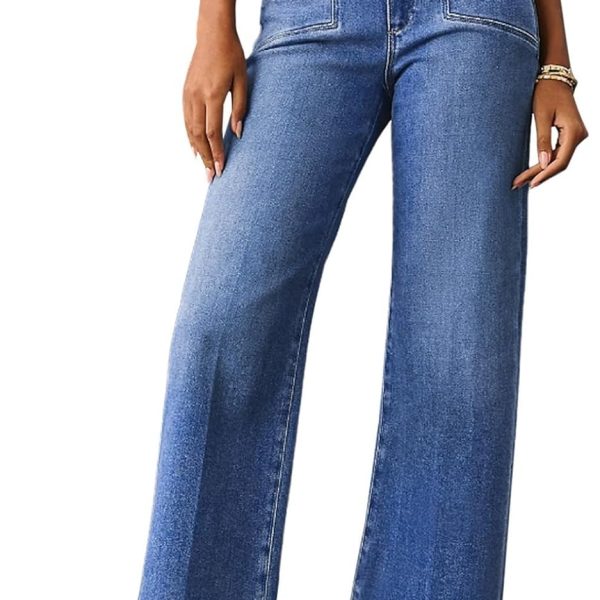 Womens Wide Leg Jeans High Waisted Stretchy Buttoned Pants Trendy 2026 with Pocket